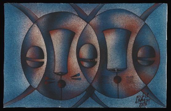 Painting titled 'Masks' using a technique of adhering sand to canvas and applying acrylic paints, produced by Nickel Mundabi Ngadwa at his home in Shepparton in 2013.