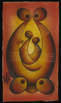 Painting titled 'A Family' using a technique of adhering sand to canvas and applying acrylic paints, produced by Nickel Mundabi Ngadwa at his home in Shepparton in 2013.