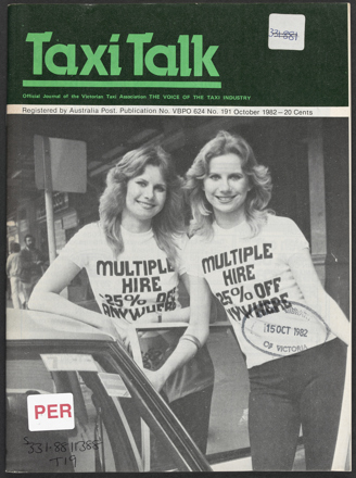 Front cover of Taxi Talk magazine, No. 191 Oct 1982.