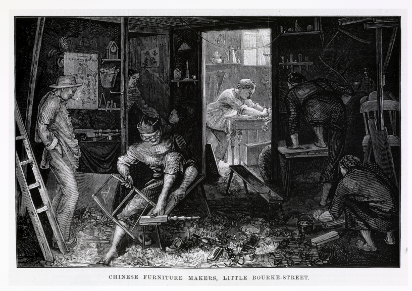 Interior of the furniture shop with Chinese workers at work, 1880.