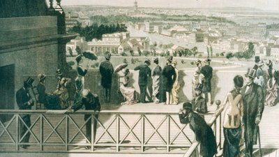 Hand coloured wood block engraving from The Illustrated Australian News, Saturday, 6 November, 1880, p. 200, published by Ebenezer & David Syme, Melbourne.  The illustration shows a group of well-dressed men and women on the roof top balcony of the Exhibition Building during the Melbourne International Exhibition in 1880. 