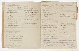 Exercise book with a partial brown paper cover, contains primarily handwritten recipes kept by Karl Muffler at Tatura Internment Camp in 1942. It includes mainly a variety of cakes and lists of ingredients, a few with brief preparation instructions.