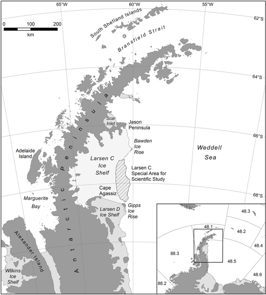 Iceberg A68 calved off from Larsen C ice-shelf in the Antarctic Peninsula on 12 July 2017.