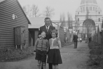George, June & Brian Foster at the Migrant Reception Centre, Royal Exhibition Building, June 1955.