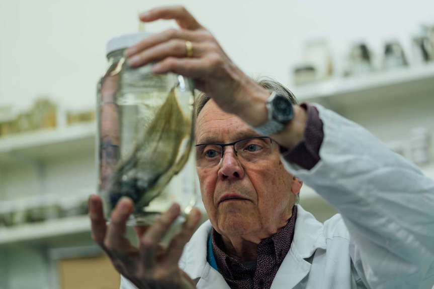 Scientist with specimen in jar