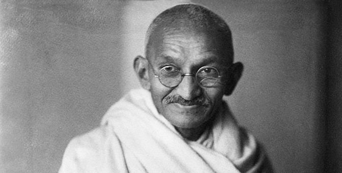 Black and white portrait of Mahatma Gandhi