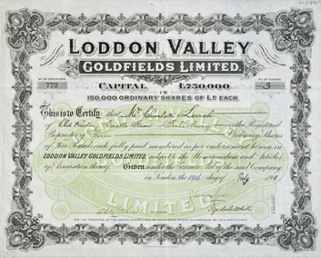 Share scrip certificate for Loddon Valley Goldfields Limited 1901.