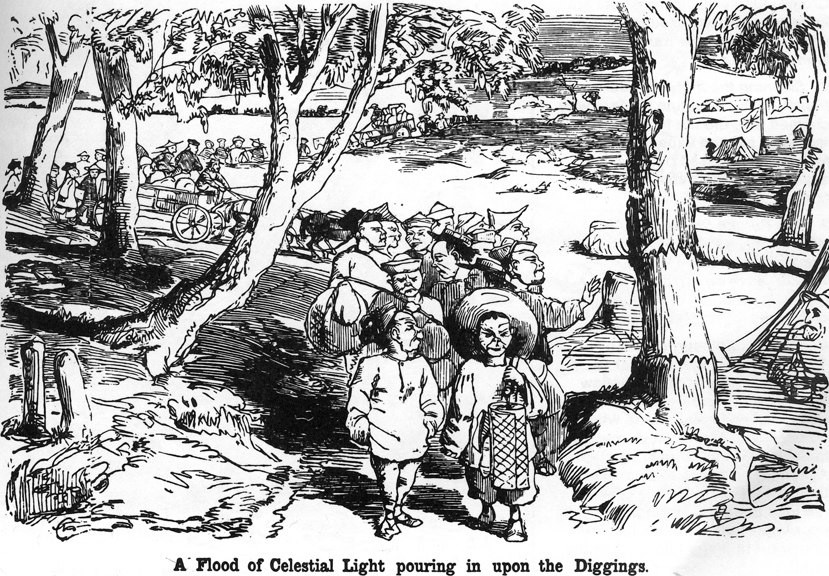 Cartoon, 'A Flood of Celestial Light pouring in upon the Diggings', reproduced from the Melbourne Punch, 1857.