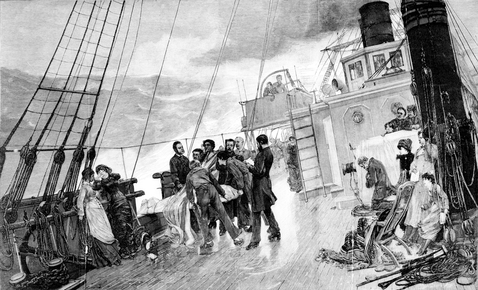 Engraving, 'Burial at Sea', by unknown artist, taken from the Australasian Sketcher, November 1880.