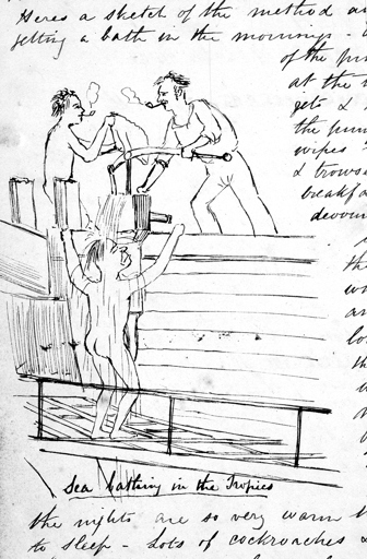 'Sea bathing in the Tropics', sketch from Edward Snell's diary on the Bolton, London to Melbourne, 1849