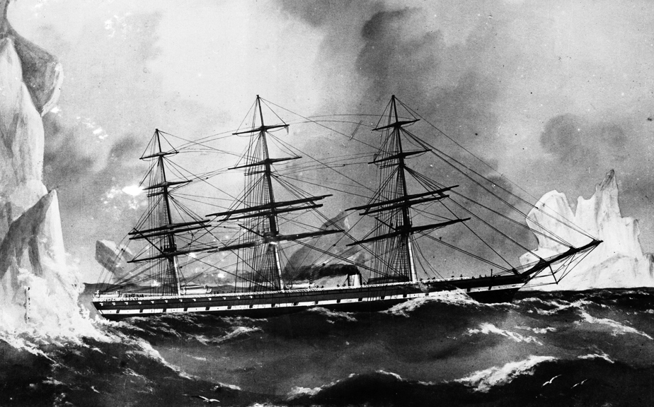 The three masted sailing vessel Great Britain among icebergs off Cape Horn.