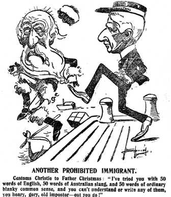 Officer kicking Santa Claus off pier