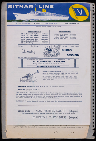 J. R. Alderton scrapbook, page 12, showing Sitmar Line activity list for passengers travelling from Europe to Australia