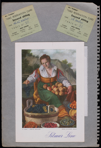 J. R. Alderton scrapbook, page 20: menu for Sitmar Line journey and seating tickets