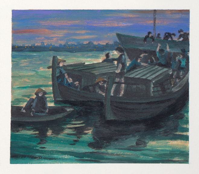 Detail from "The Escape" by Thomas Le, a pencil drawing circa 1998 which depicts the first stage of Mai Ho's escape from Vietnam.