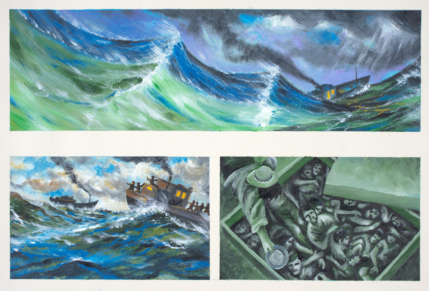"On the Ocean" by Thomas Le, a pencil drawing circa 1998 which depicts the five nights spent at sea by Mai Ho and her fellow refugees.