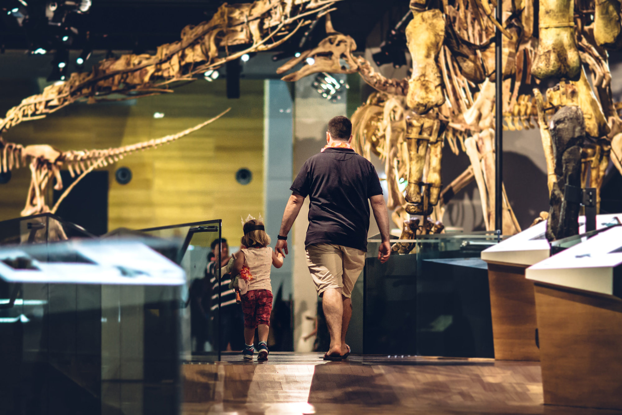 Family walking though the dinosaur walk at Museum Members Summer Party.