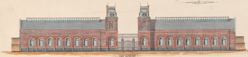 "East elevation": detail of a print of a hand-coloured general arrangement drawing of the Melbourne & Metropolitan Board of Works sewerage pumping station at Spotswood