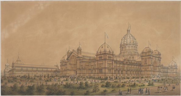 Watercolour Etching of the Royal Exhibition Building. Caption reads: 'The Exhibition Building Melbourne 1880/The South West Aspect of the Main Hall from Victoria Street/ and the Western Annexe from Rathdowne Street/ Architect - Reed & Barnes, Builder - David Mitchell'.