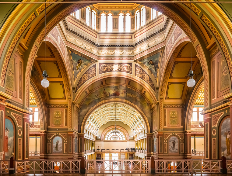 Royal Exhibition Building interior showing detail of dome and arches in the Great Hall area.