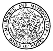 M.M.B.W. corporate logo. The design incorporates the shields of the City of Melbourne and British Royal Coats of Arms in the centre with a kangaroo in front of a rising sun above them. Below the shields is a scroll bearing the Latin motto 'Publica Salus Mea Merces' (meaning 'Public Health is my Reward'), above the date '1891' representing the year the organisation was formed. Around the perimeter in a ring are is the title 'MELBOURNE AND METROPOLITAN * BOARD OF WORKS * '