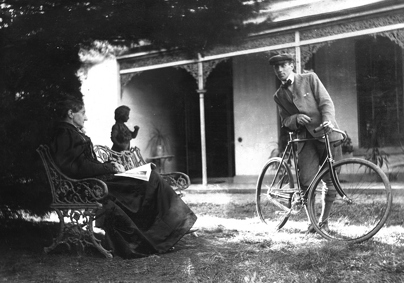 John William Twycross with his mother Charlotte Twycross at 'Emmarine', on Glenhuntly Road, Caulfield. Charlotte is sitting on the Coalbrookdale cast iron seat