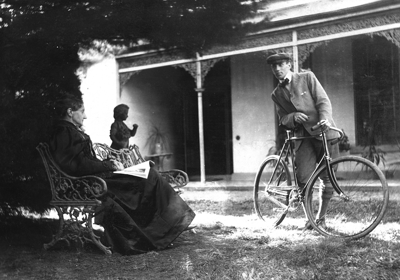 John William Twycross with his mother Charlotte Twycross at 'Emmarine', on Glenhuntly Road, Caulfield. Charlotte is sitting on the Coalbrookdale cast iron seat