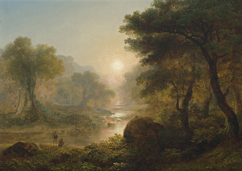 Oil painting by the Irish artist James Arthur O'Connor (1792-1841) depicting two fisherman by the wooded banks of a stream at sunset.