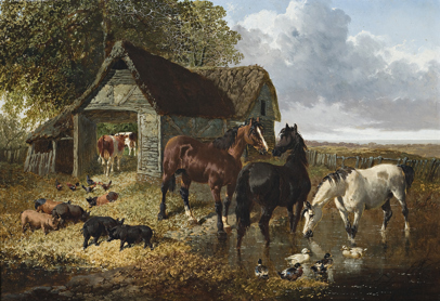 Oil painting by the English artist John Frederick Herring Jr. titled 'Farmyard Scene', depicting horses, pigs and ducks standing in a rural landscape near a wooden and thatch barn situated at the edge of a wood.