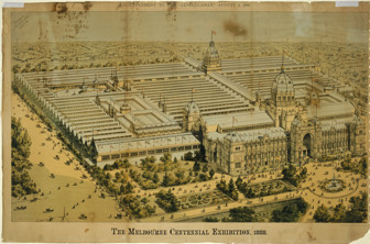 Aerial view of the Royal Exhibition Building and Carlton Gardens, titled 'The Melbourne Centennial Exhibition, 1888', produced as a supplement to the Australasian newspaper on 4 August 1888 by Troedel & Company, lithographers and printers.