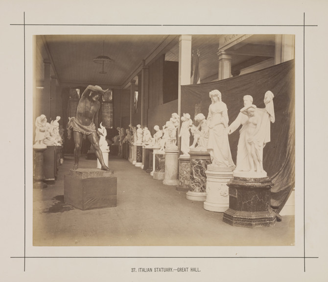Interior view of the Great Hall of the Royal Exhibition Building showing the Italian Statuary display during the Melbourne International Exhibition of 1880. Caption reads: 37. Italian Statuary.- Great Hall.