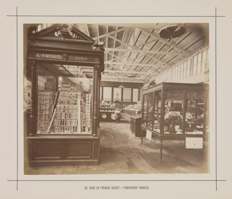 Interior view of a temporary annexe to the Royal Exhibition Building showing the French display during the Melbourne International Exhibition of 1880. Caption reads: 33. View in French Court.- Temporary Annexe