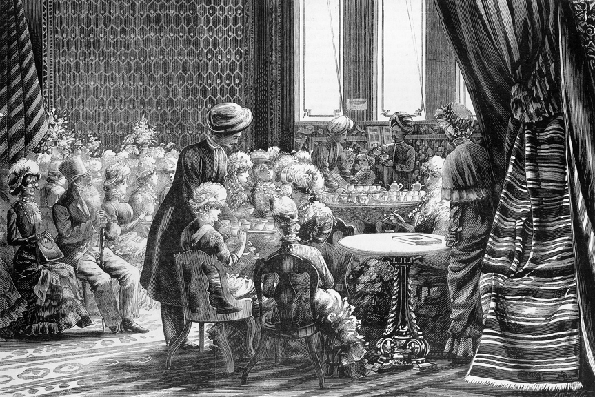 Interior of tea room, at the Melbourne International Exhibition, Published in the Illustrated Australian News, 4 December 1880.