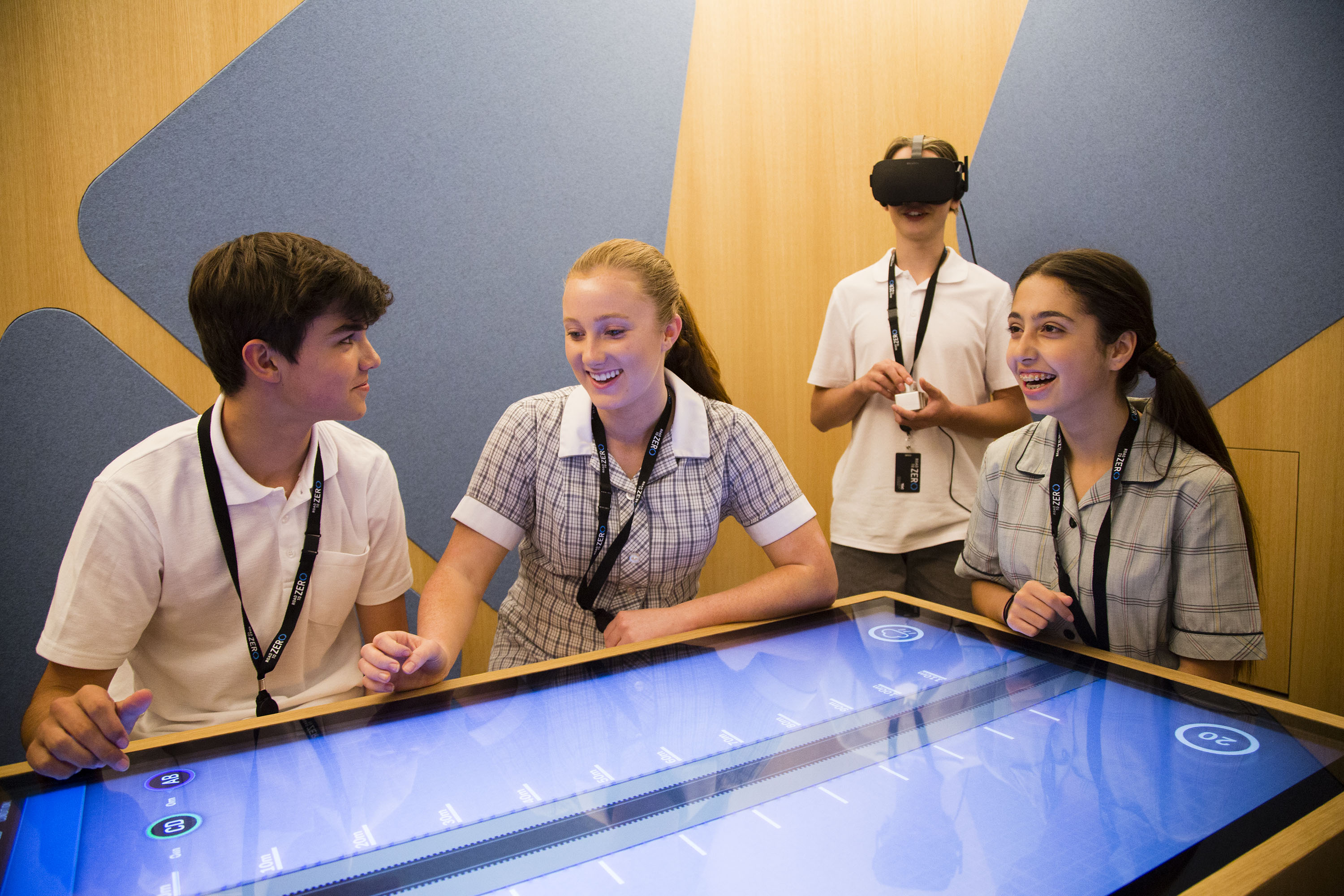 Students engaging with the TAC  Road To Zero Education Learning Centre interactives.