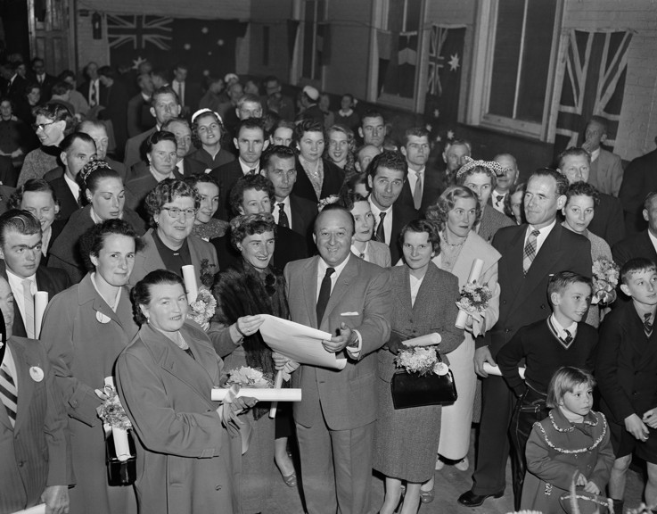 Black and white photograph of a large group of people 