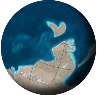 Orthographic or spherical map of global plate tectonic movement. Global paleogeographic reconstruction of the Earth.