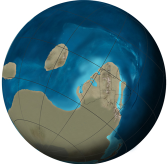 Orthographic or spherical map of global plate tectonic movement. Global paleogeographic reconstruction of the Earth