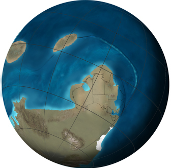 Orthographic or spherical map of global plate tectonic movement. Global paleogeographic reconstruction of the Earth