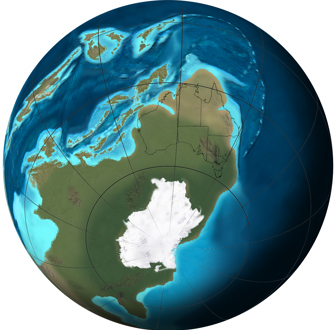 Orthographic or spherical map of global plate tectonic movement. Global paleogeographic reconstruction of the Earth