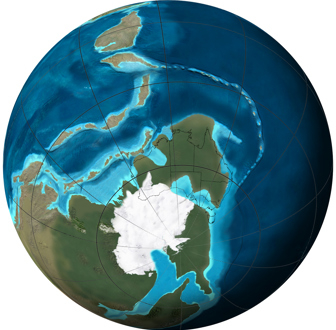 Orthographic or spherical map of global plate tectonic movement. Global paleogeographic reconstruction of the Earth
