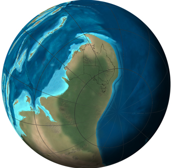 Orthographic or spherical map of global plate tectonic movement. Global paleogeographic reconstruction of the Earth