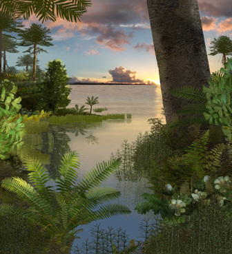 Illustration of an early Cretaceous period plant community including ferns, Benettitaleans, seed ferns, angiosperms, araucarians, ginkgoes, tree ferns, horsetails