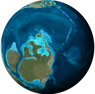 Orthographic or spherical map of global plate tectonic movement. Global paleogeographic reconstruction of the Earth