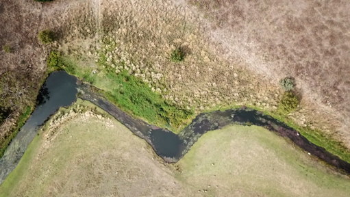A waterway with deep holes winding through green grass, seen from above.