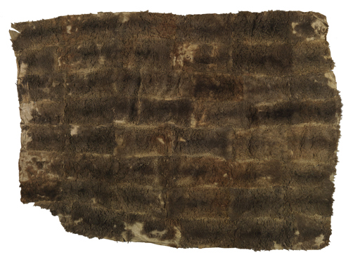 A series of possum pelts, fur side up, stitched together.