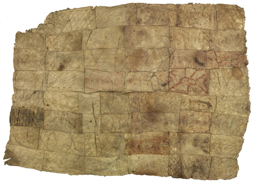 A series of possum pelts, skin side up, stitched together.