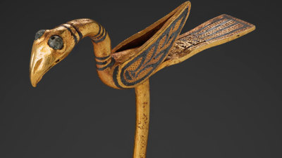 Conserved gold bird pin from the Galloway Hoard