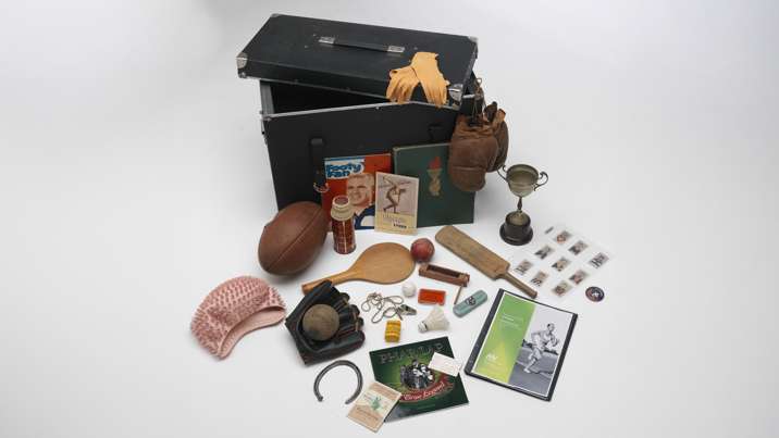 Various objects and props from Track and field reminiscing kit used in outreach program