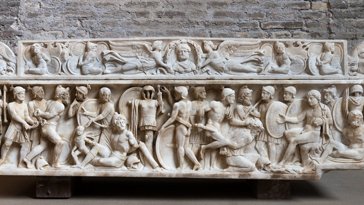 Marble Sarcophagus with carved scenes of prisoners.