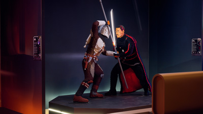 Lego construction of the duel of Mando vs Moff Gideon in LEGO® Star Wars: The Exhibition at Melbourne Museum